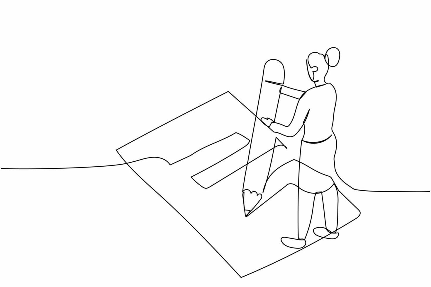 Continuous one line drawing businesswoman filled out questionnaire on the floor. Worker writes test on clipboard with giant pencil. Standing near checklist. Single line draw design vector illustration