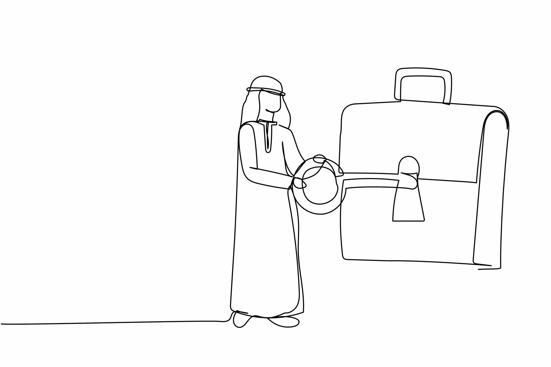 Continuous one line drawing Arabian businessman putting key into