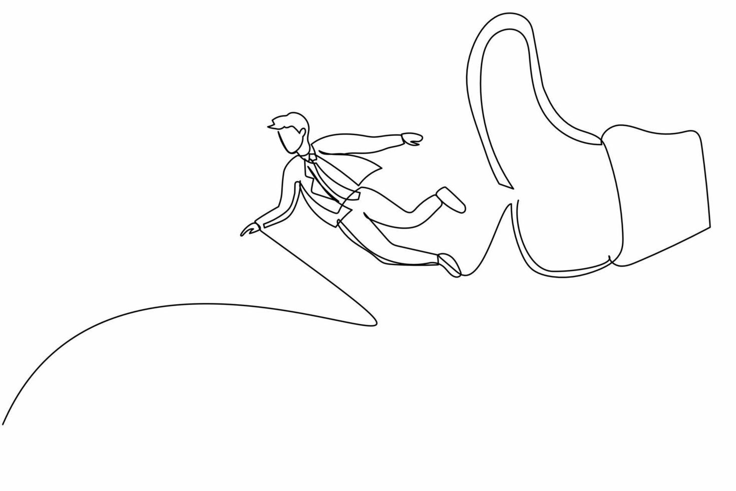 Single continuous line drawing businessman getting fired, flying through air after being kicked in the back. Male employee become jobless from company. One line draw graphic design vector illustration