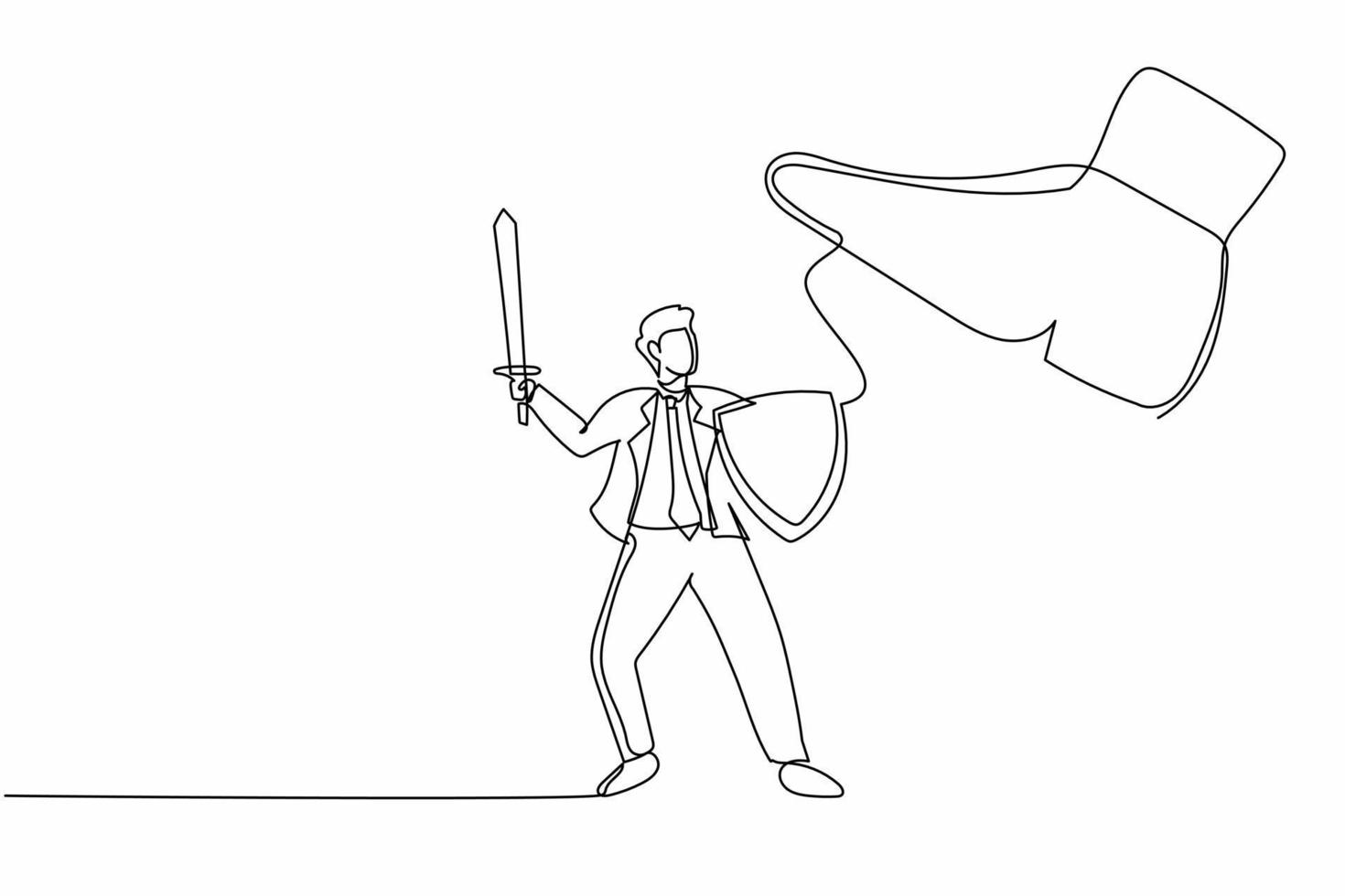 Single continuous line drawing active businessman fight to giant foot with shield and sword. Manager against big shoe stomp with weapon. Minimalism metaphor. One line draw design vector illustration