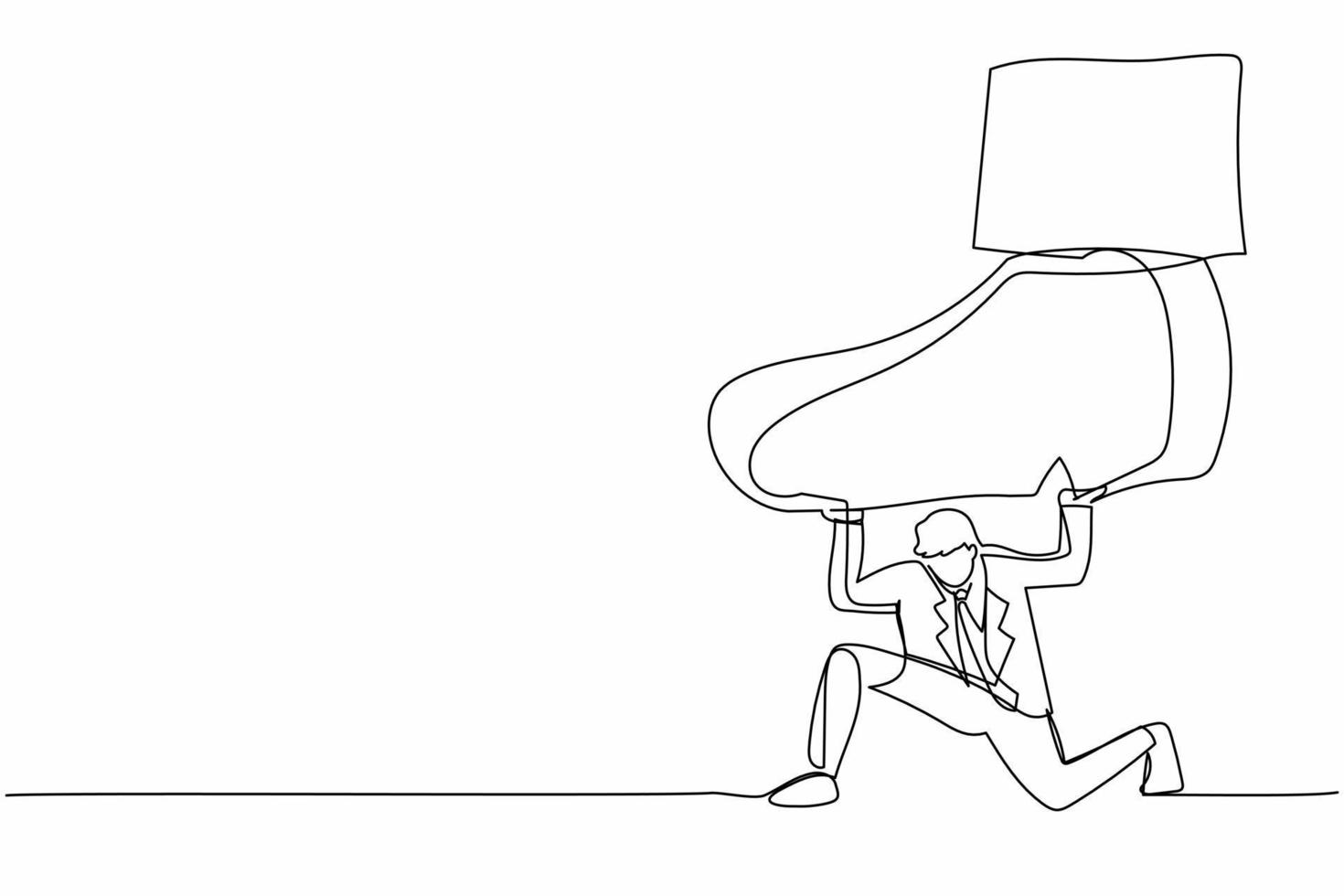 Continuous one line drawing young businessman under giant foot trample. Male manager pressure and domination, limiting freedom. Minimal metaphor concept. Single line design vector graphic illustration