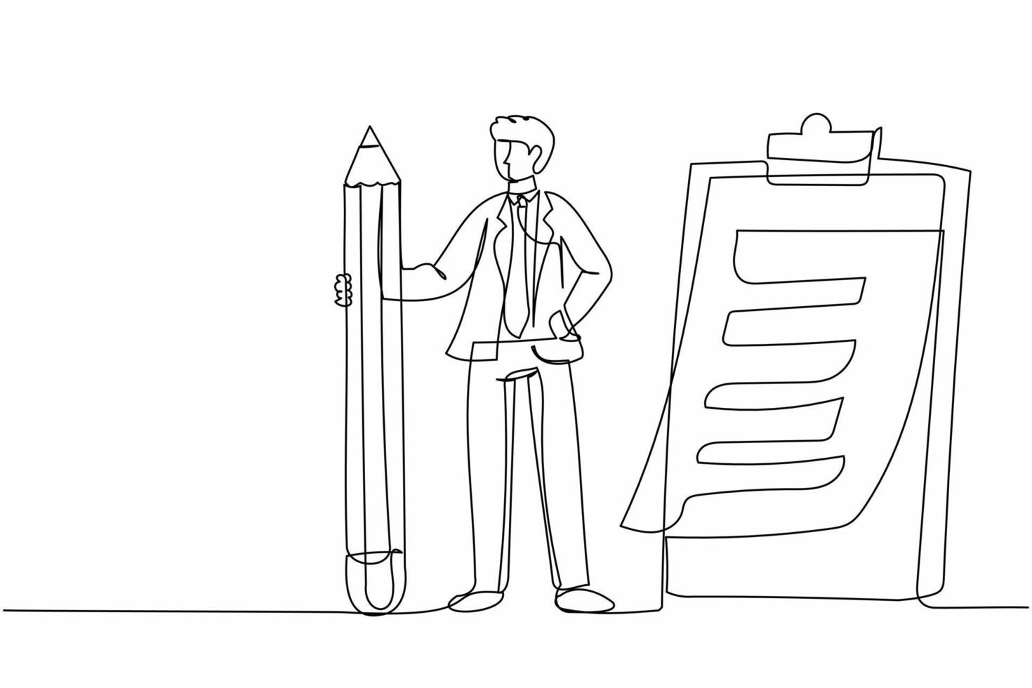 Continuous one line drawing businessman holding big pencil looking at completed checklist on clipboard. Successful completion business tasks goals. Single line draw design vector graphic illustration