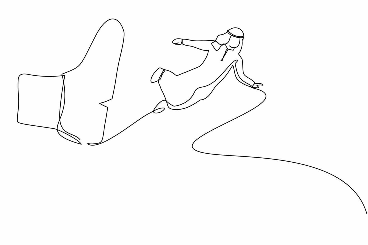 Single one line drawing young Arab businessman getting fired, flying through air after being kicked in the back. Male employee become jobless. Continuous line draw design graphic vector illustration