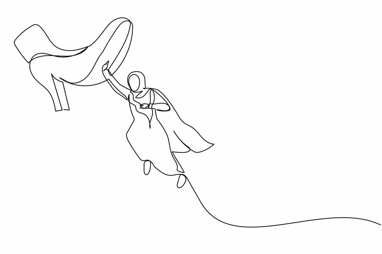 Continuous one line drawing brave Arab businesswoman flying with hero capes against giant shoes stomping. Female manager fly up against giant foot step. Single line design vector graphic illustration