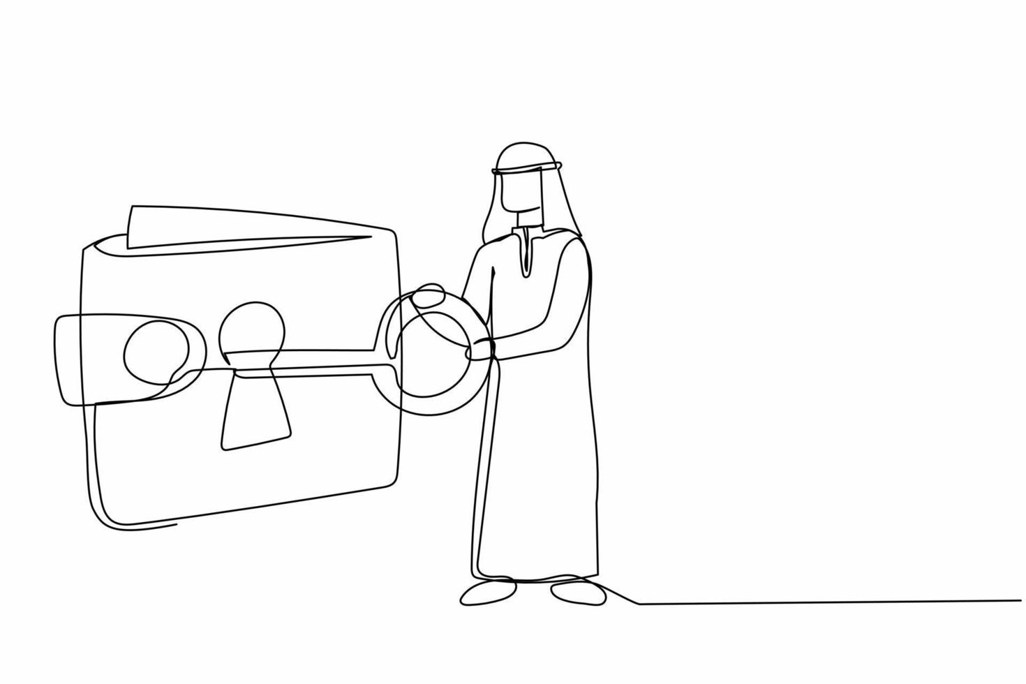 un solo hombre de negocios árabe dibujando una línea poniendo una llave grande en la billetera. protección del dinero personal seguridad financiera. desbloquear monedero digital para ir de compras. ilustración de vector de diseño de dibujo de línea continua