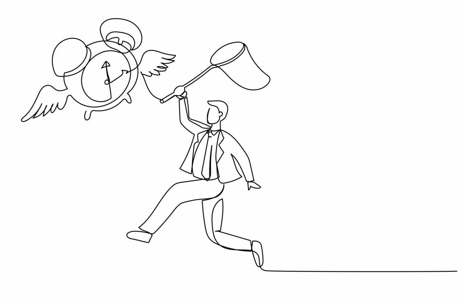 Single one line drawing businessman try to catching flying alarm clock with butterfly net. Male manager working with deadlines. Running out of time. Continuous line design graphic vector illustration