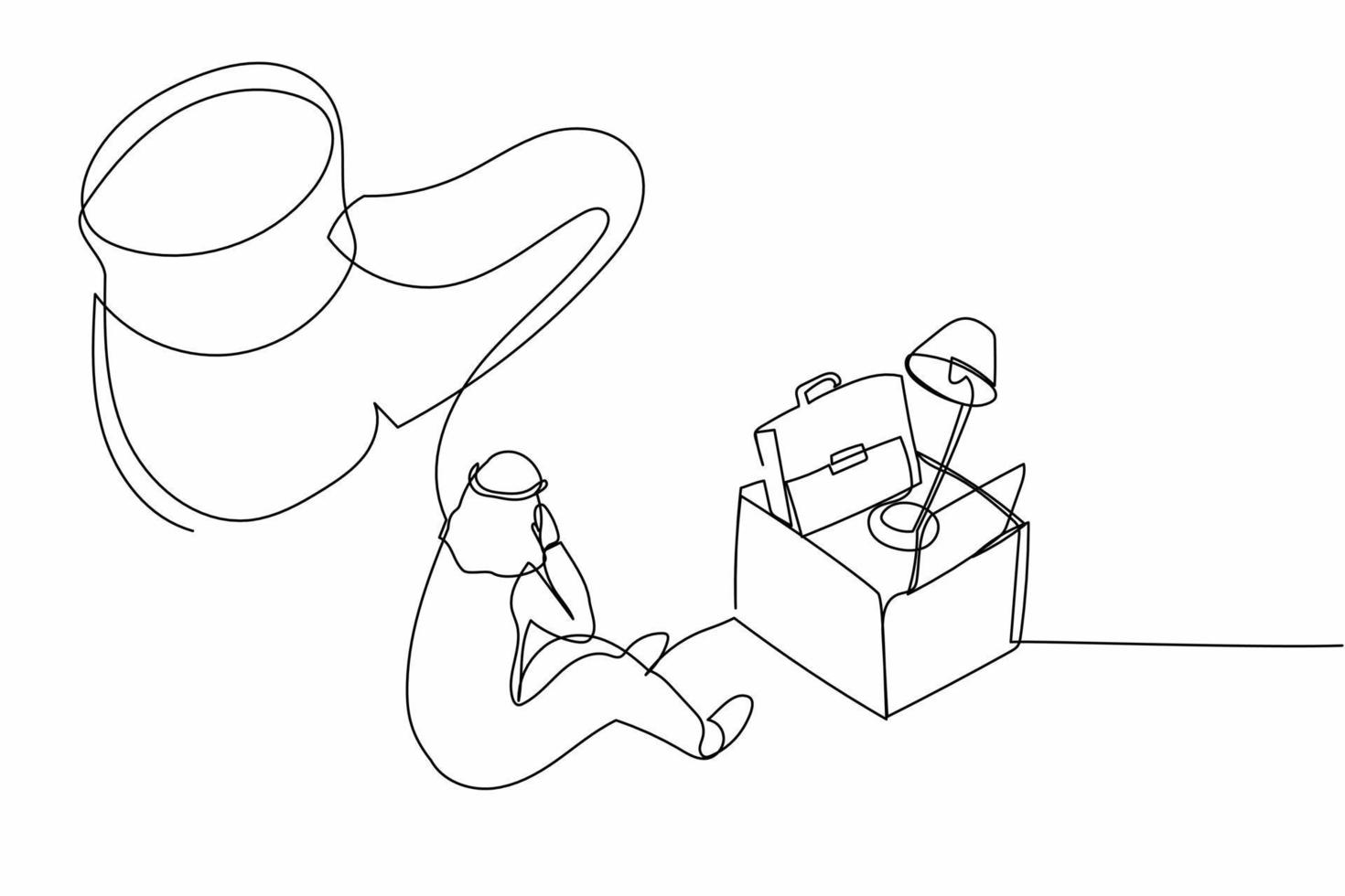 Continuous one line drawing stressed Arabian businessman sitting on the floor near office supplies under big foot stomp. Unemployment, dismissal person. Single line design vector graphic illustration