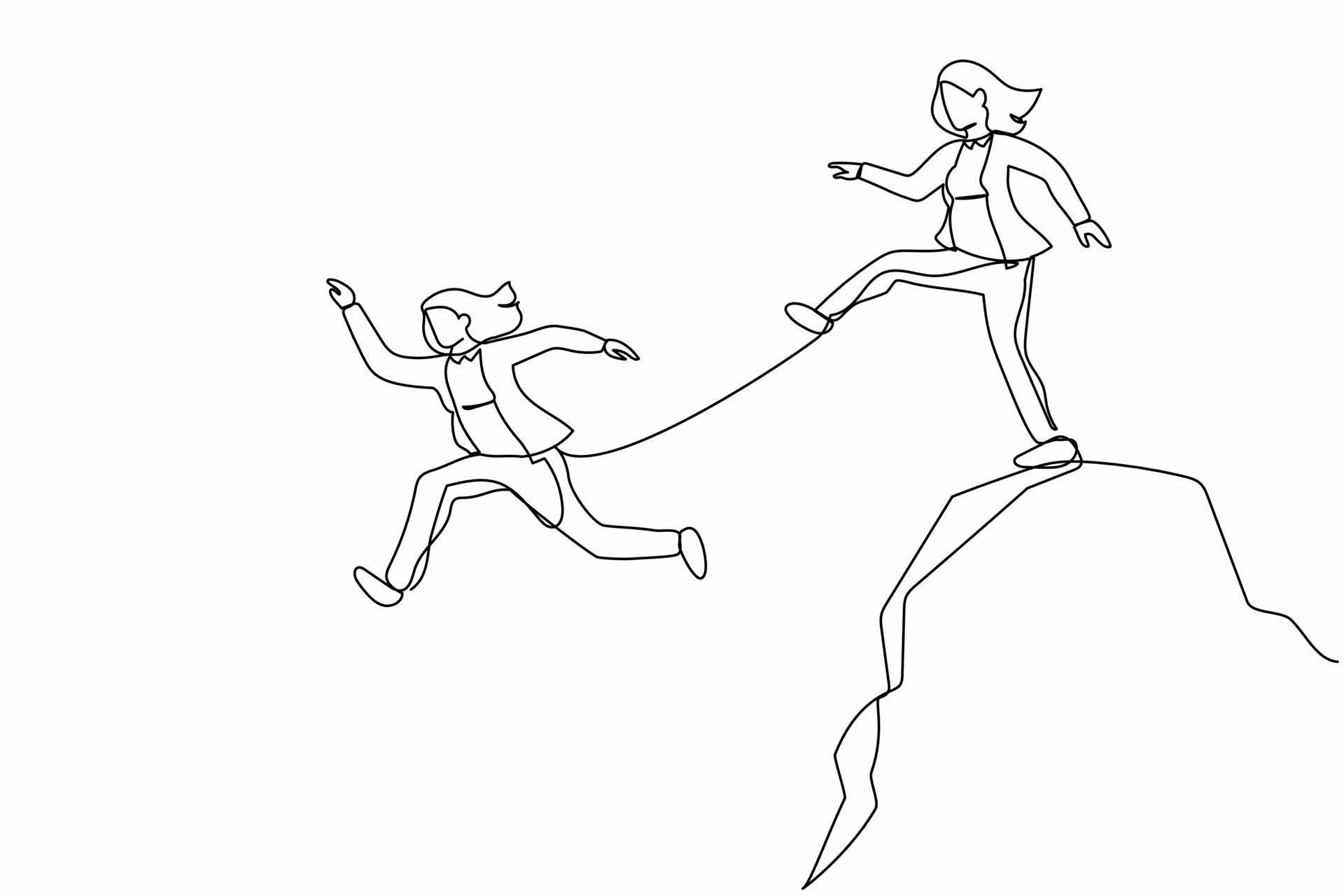 Continuous one line drawing businesswoman kick business partner fall