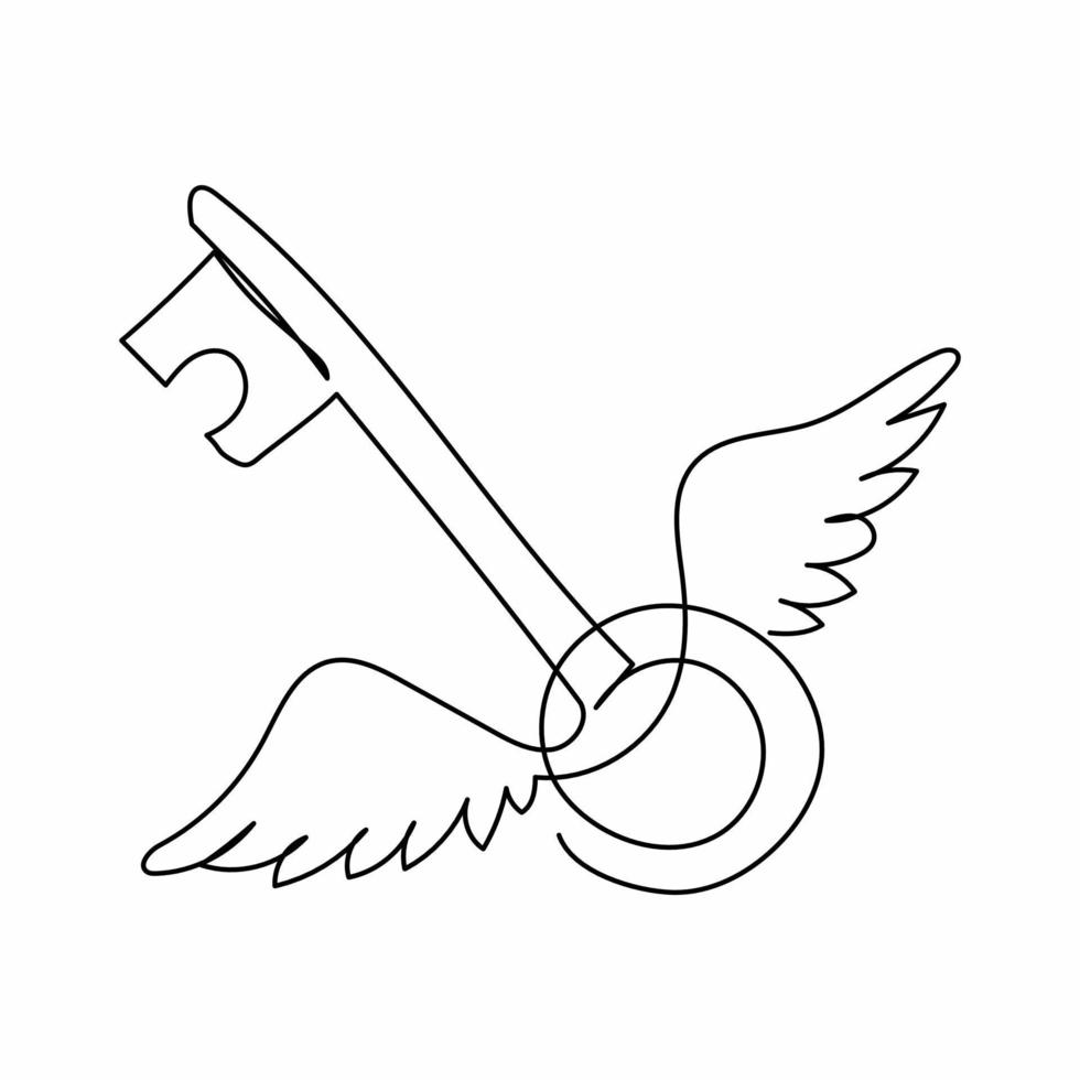 Single one line drawing flying key with wings. Mystery, clue and magic symbol. Unlock, hint, tint and secret concept. Catch luck or help. Modern continuous line draw design graphic vector illustration