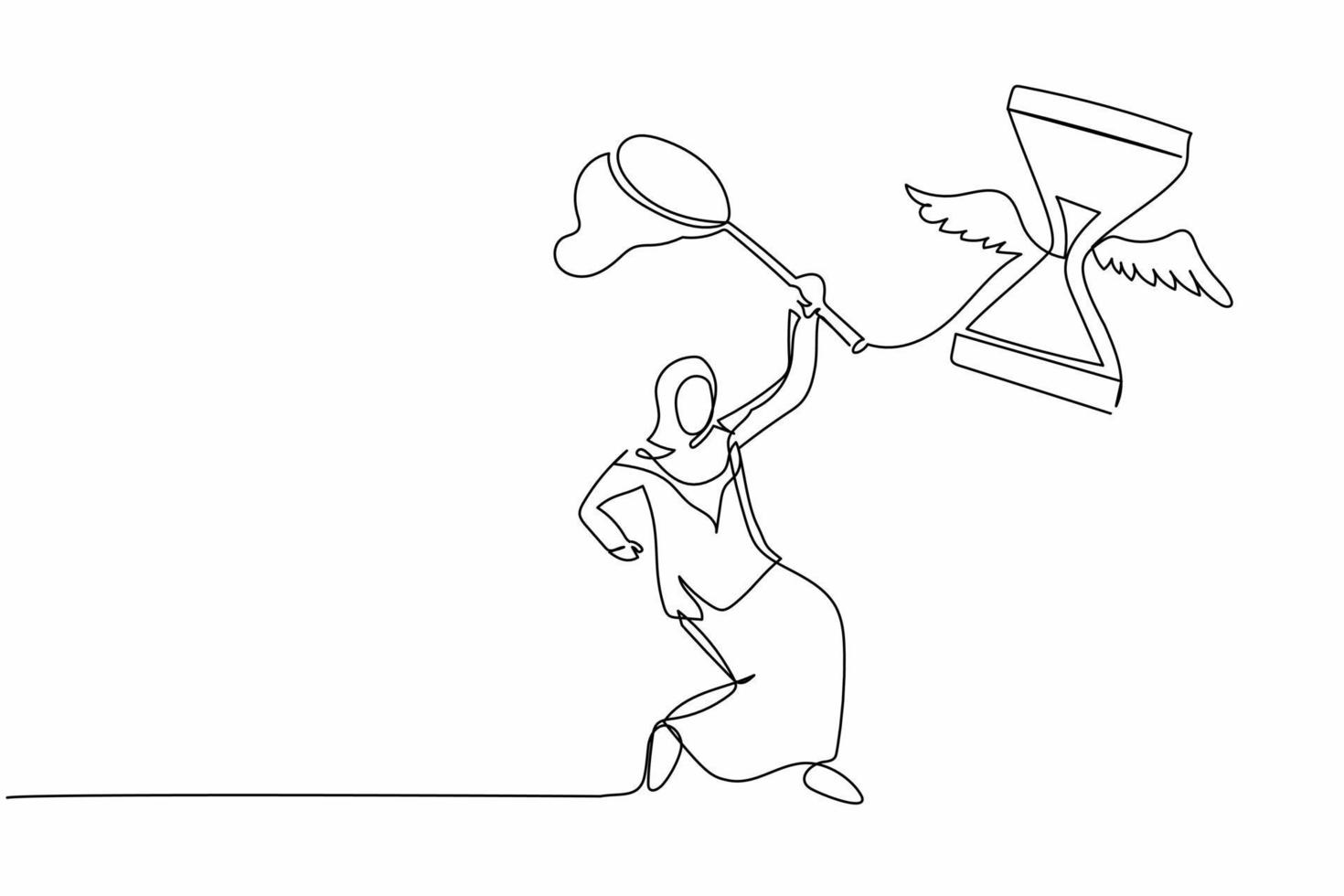 Single one line drawing Arab businesswoman try to catching flying hourglass with butterfly net. Losing measurement project deadline. Business metaphor. Continuous line draw design vector illustration