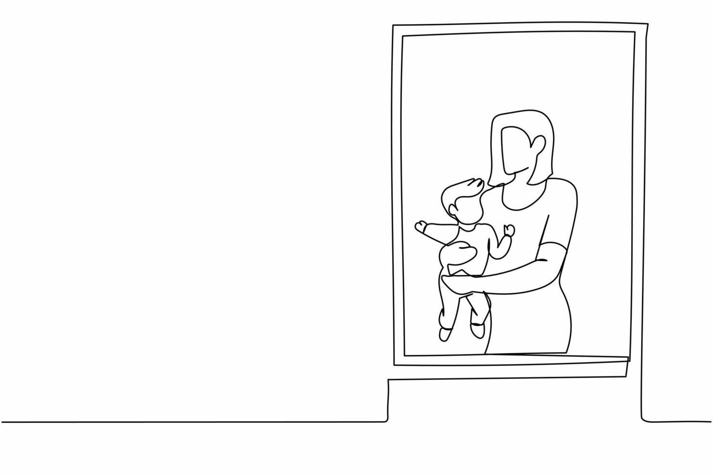 Continuous one line drawing woman holding newborn baby near window. Child lies on in mom's arms. Woman taking care of child. Mother on maternity leave. Single line design vector graphic illustration