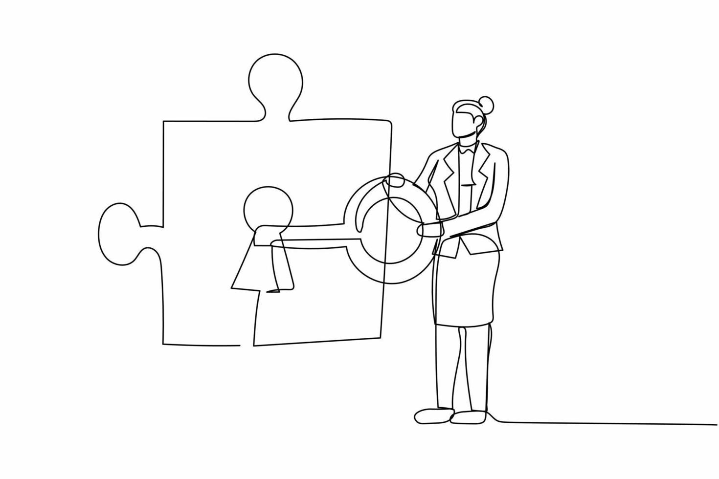 Continuous one line drawing businesswoman put key into puzzle piece. Cooperation concept. Completing project. Teamwork solving complicated tasks. Single line draw design vector graphic illustration