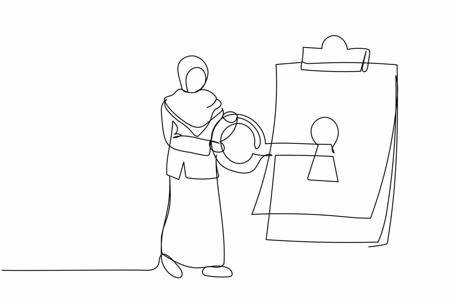 Continuous one line drawing Arab businesswoman put key into clipboard. Protect secret document. Digital contract for security protection privacy paper. Single line design vector graphic illustration