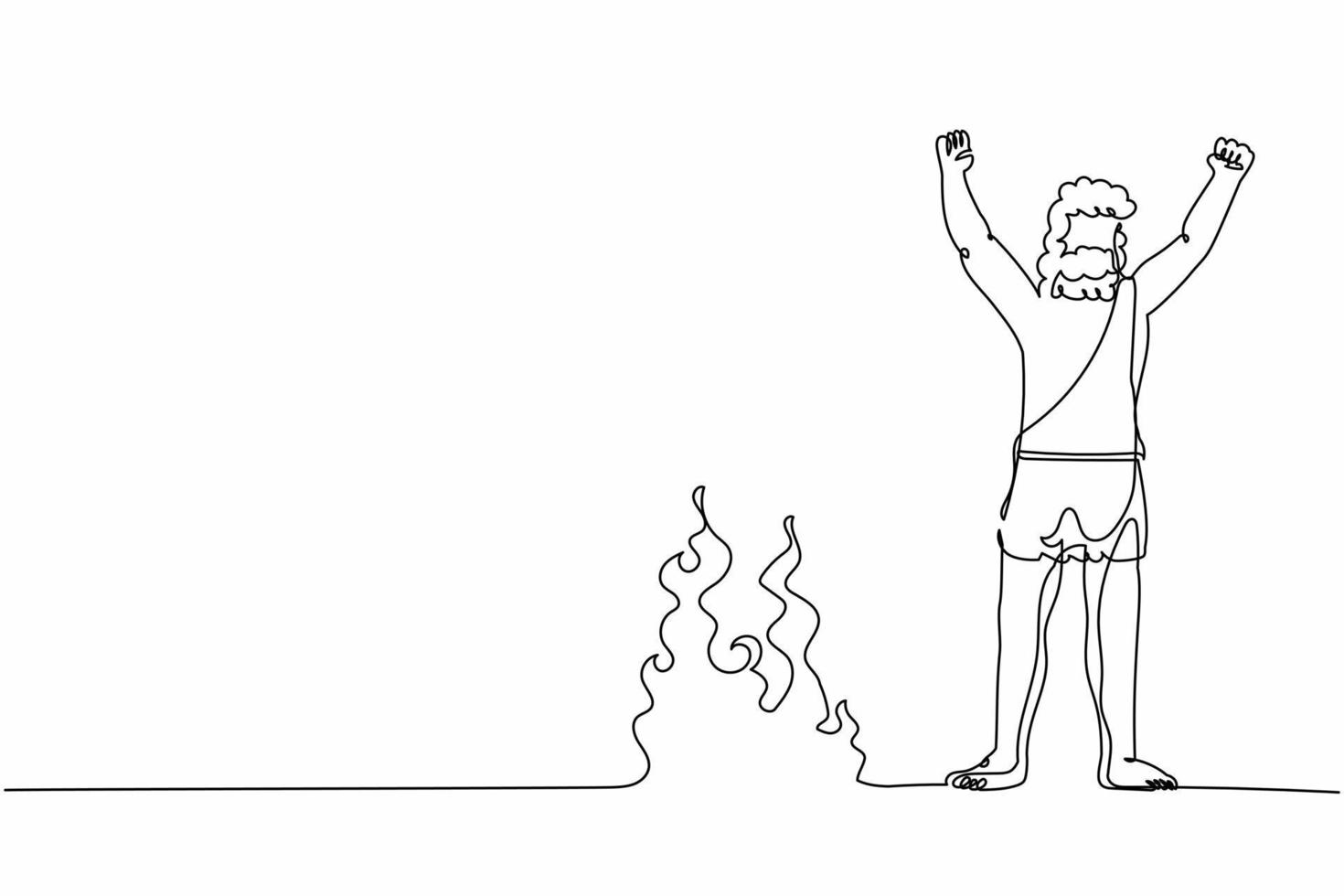 Continuous one line drawing caveman stands and raised his hands around campfire. Prehistoric man standing around bonfire. Warmth his body at night. Single line draw design vector graphic illustration