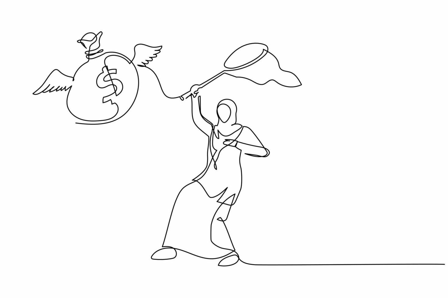 Continuous one line drawing Arab businesswoman try to catching flying money bag with butterfly net. Losing jackpot of business project. Unlucky employee. Single line design vector graphic illustration
