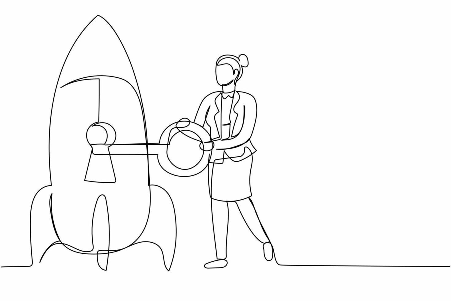 Single one line drawing businesswoman put key into rocket. Restart business project. Unlock or launch new business idea. Web development. Modern continuous line draw design graphic vector illustration