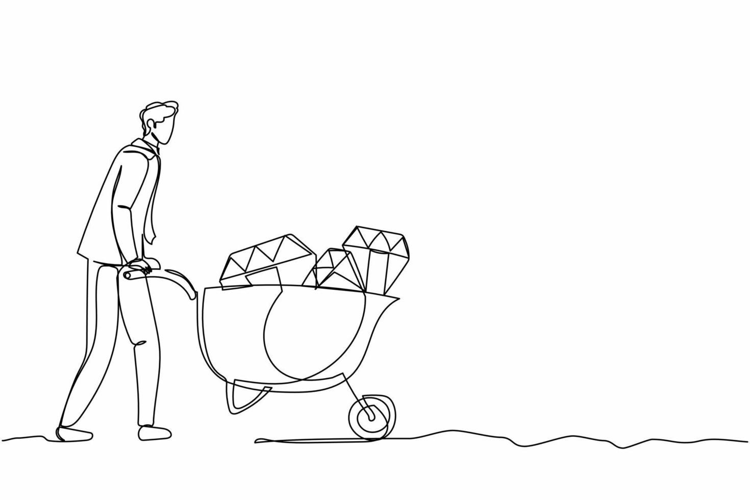 Continuous one line drawing happy businessman pushing cart full of diamonds. Wheelbarrow with golds, jewelry, precious stone. Successful business. Single line draw design vector graphic illustration