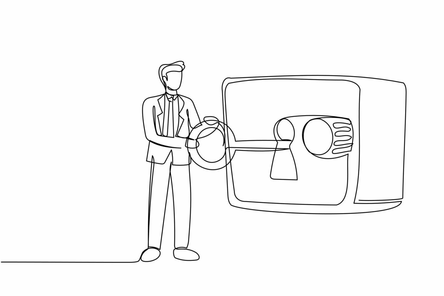 Single one line drawing businessman putting big key into safety deposit