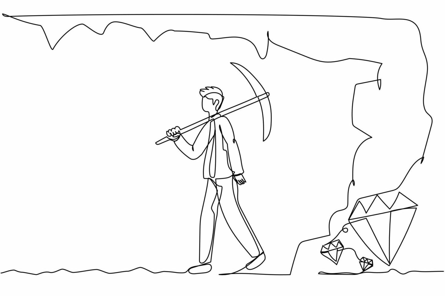 Continuous one line drawing exhausted businessman give up before reach diamonds. Worker stop digging with pickaxe, not knowing precious diamond almost revealed. Single line design vector illustration