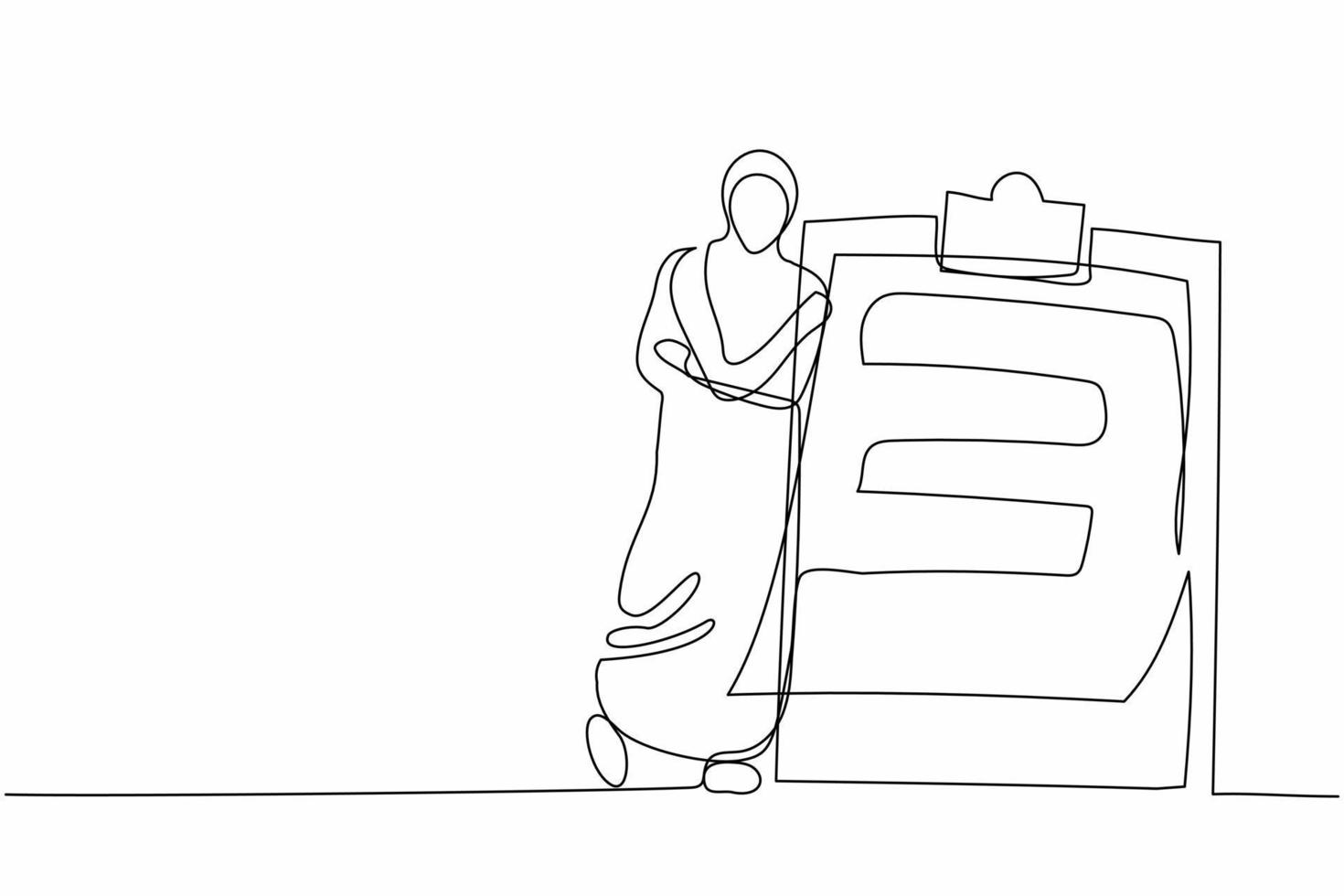 Single continuous line drawing relaxed Arab businesswoman standing and lean against clipboard. Business plan completed. Goal achievements planning schedule. One line graphic design vector illustration