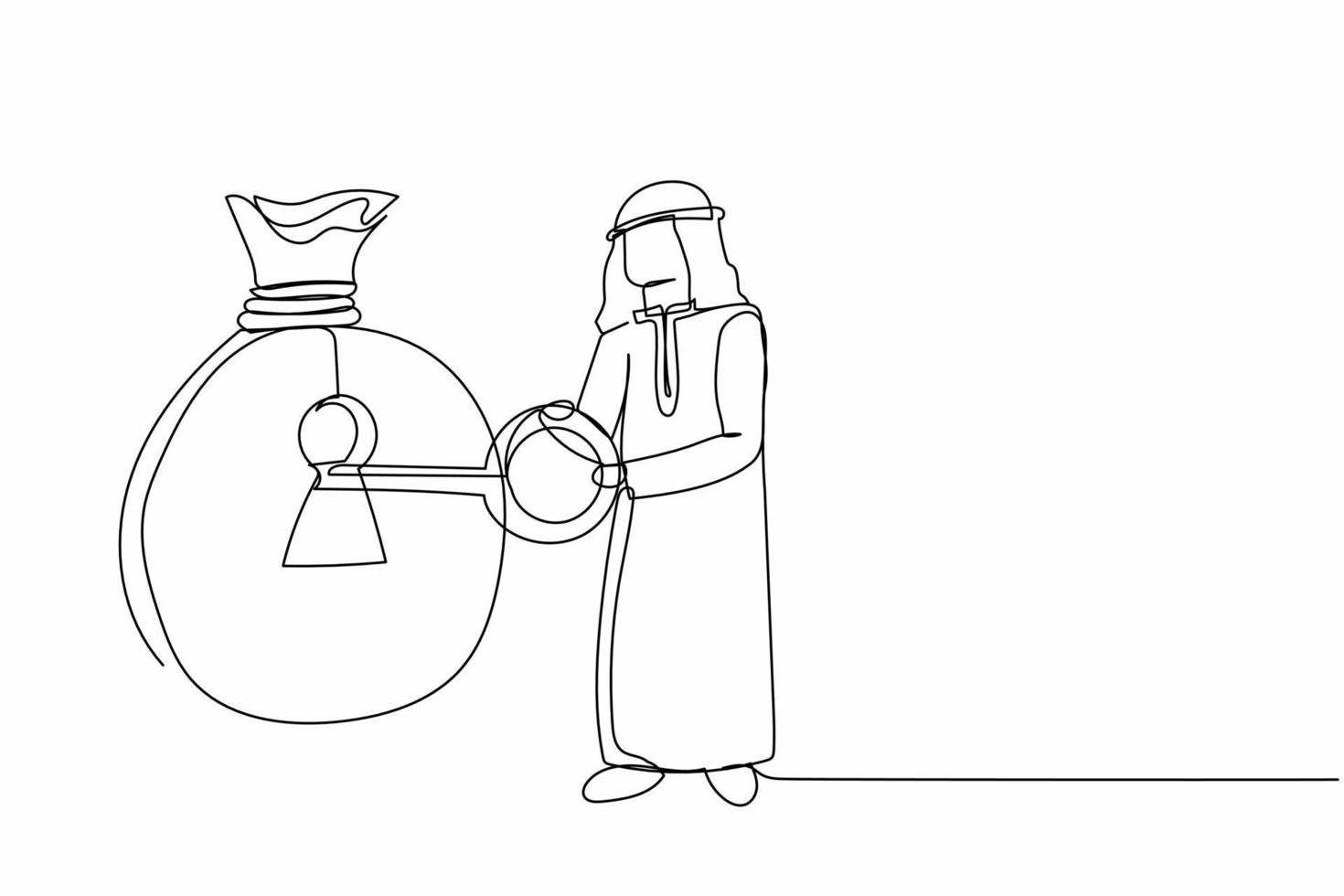 Continuous one line drawing Arab businessman putting big key into money bag. Money management concept. Financial key success, safe haven for investment. Single line design vector graphic illustration