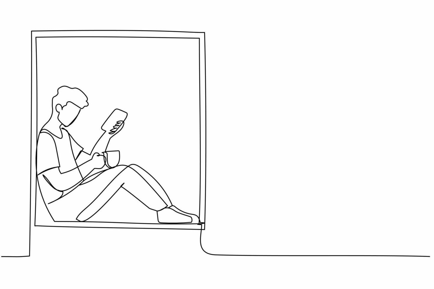 dibujo de una sola línea continua cómodo relajante en casa con teléfono inteligente y bebida caliente. joven sentado en el alféizar de la ventana con café, disfrutando del descanso en casa. ilustración de vector de diseño de dibujo de una línea