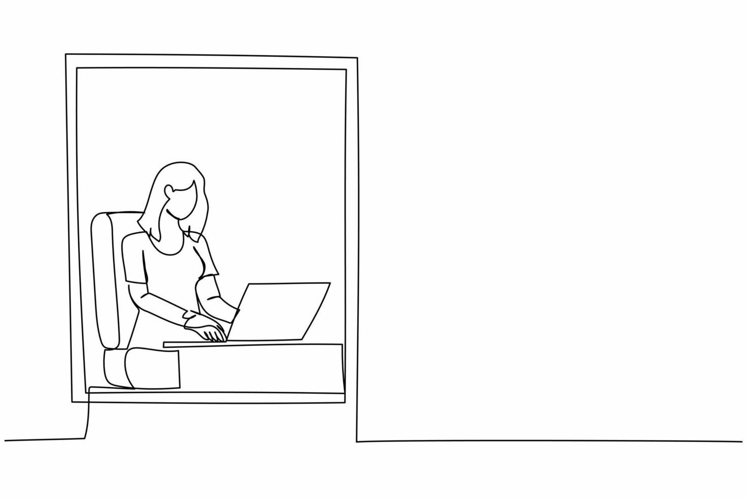 Single one line drawing young woman working from home near window with laptop. Active businesswoman sitting at desk. Remote work or home office. Continuous line draw design graphic vector illustration