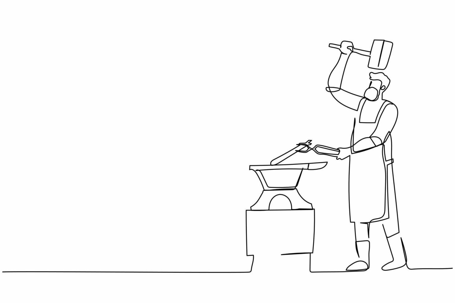 Continuous one line drawing bearded blacksmith in apron forging blade on the anvil. Smith working with hammer and anvil. Historical, fairytale craftsman. Single line design vector graphic illustration