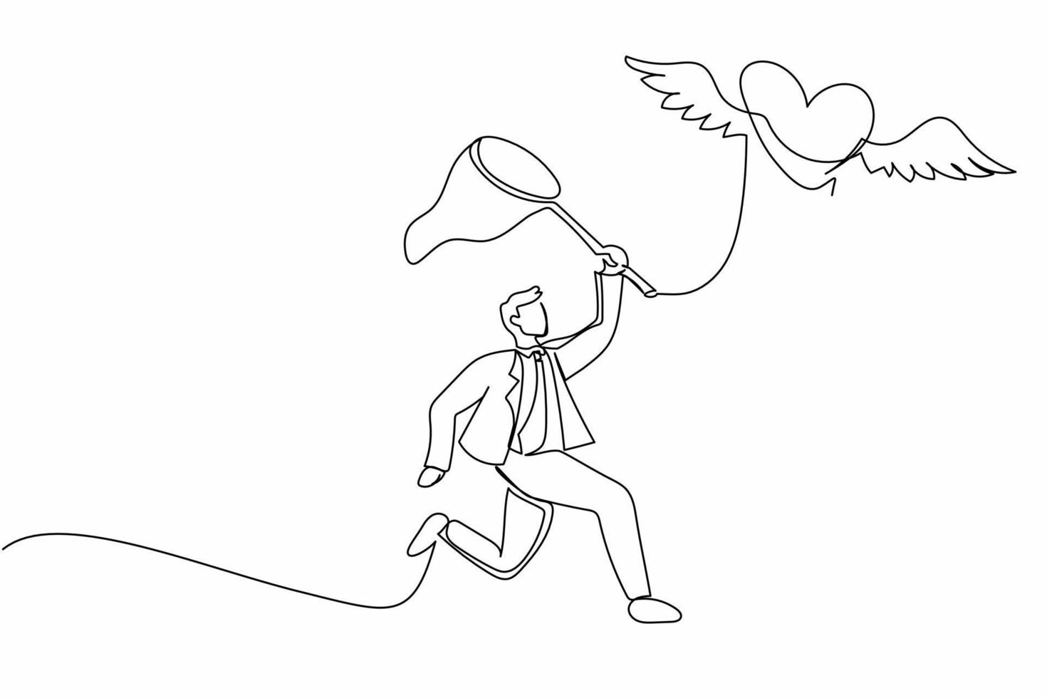 Single one line drawing businessman try to catching flying heart with butterfly net. Love, marriage, wedding, romance, relationship concept. Modern continuous line design graphic vector illustration