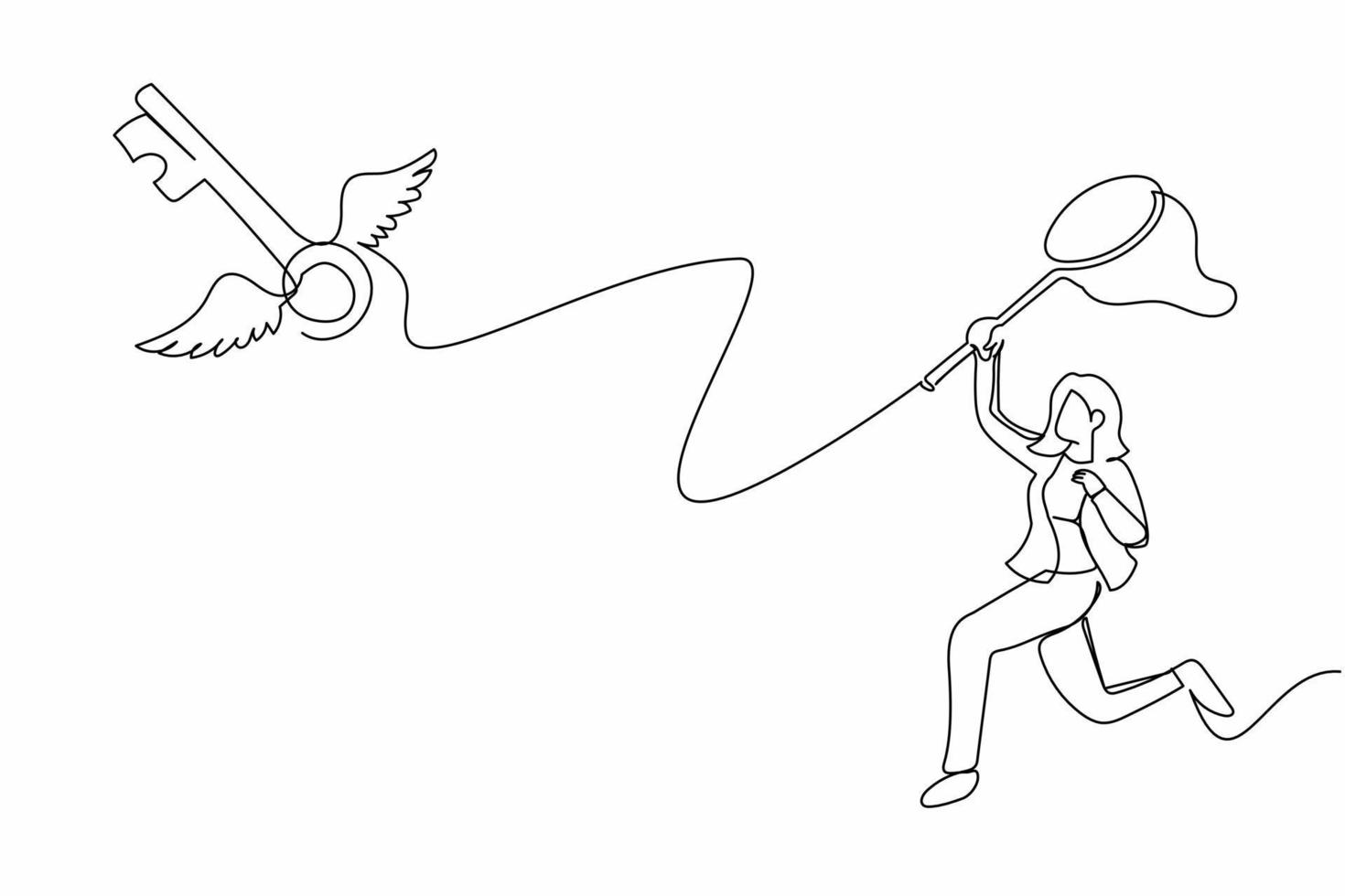 Single continuous line drawing businesswoman try to catching flying key with butterfly net. Losing key of success business project. Bankrupt company. One line draw graphic design vector illustration