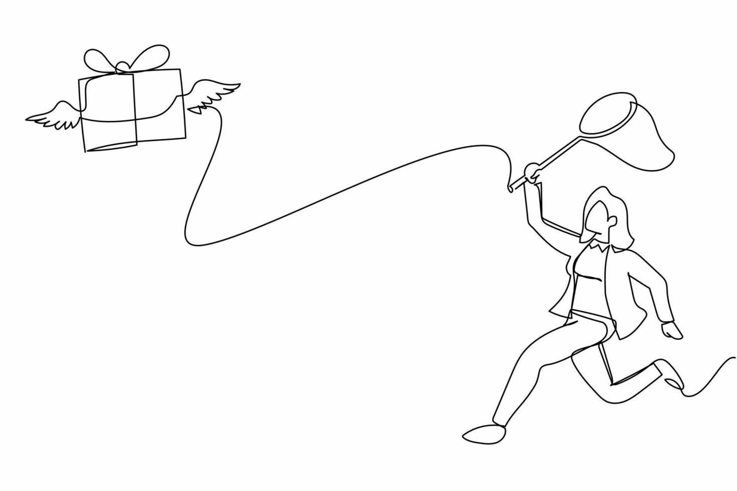 Single continuous line drawing businesswoman try to catching flying gift box with butterfly net. Lost gift box delivery concept. Disappointing service. One line draw graphic design vector illustration