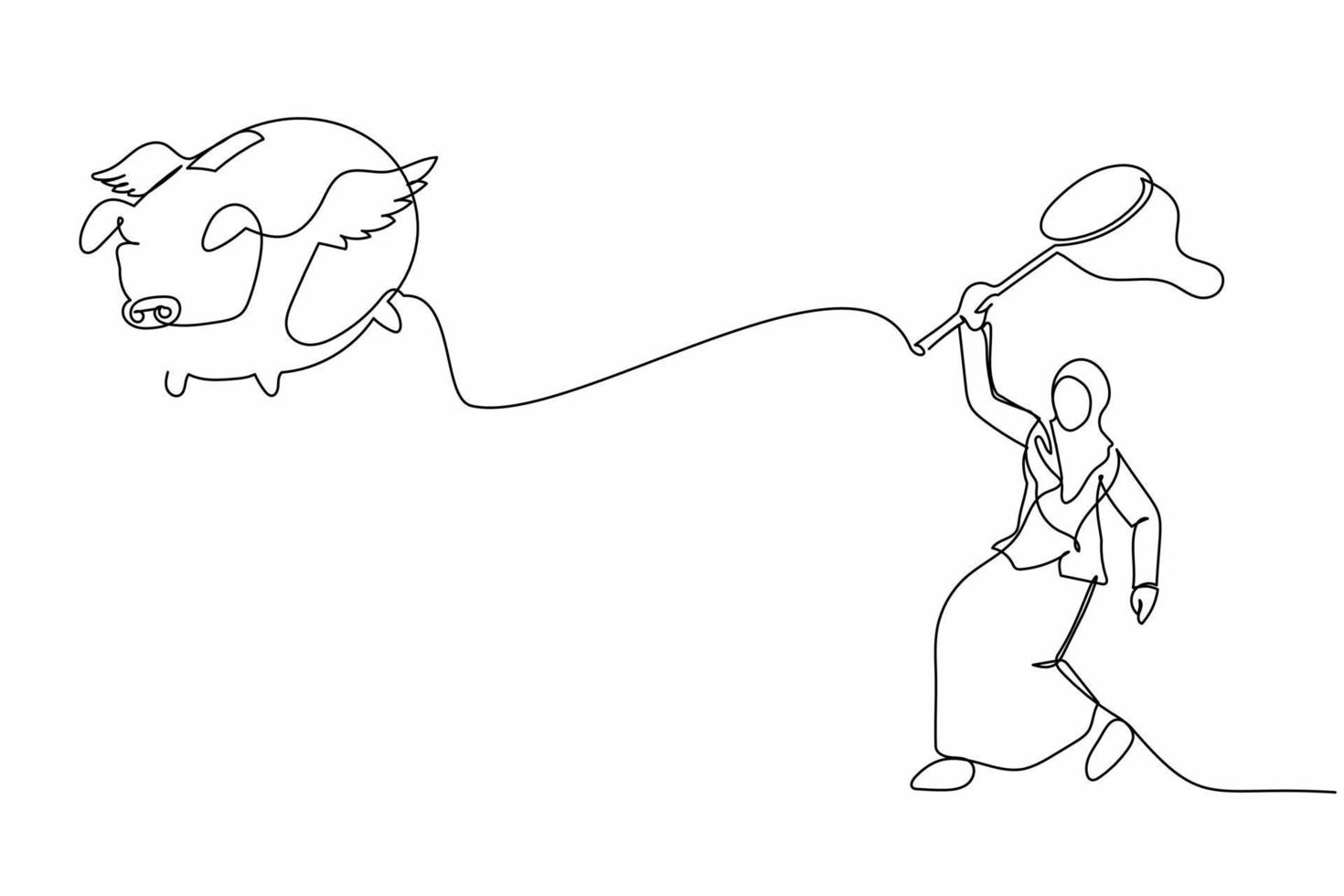 una sola línea continua dibujando una mujer de negocios árabe intenta atrapar una alcancía voladora con una red de mariposas. ahorros futuros perdidos debido a la crisis económica. ilustración de vector de diseño gráfico de dibujo de una línea