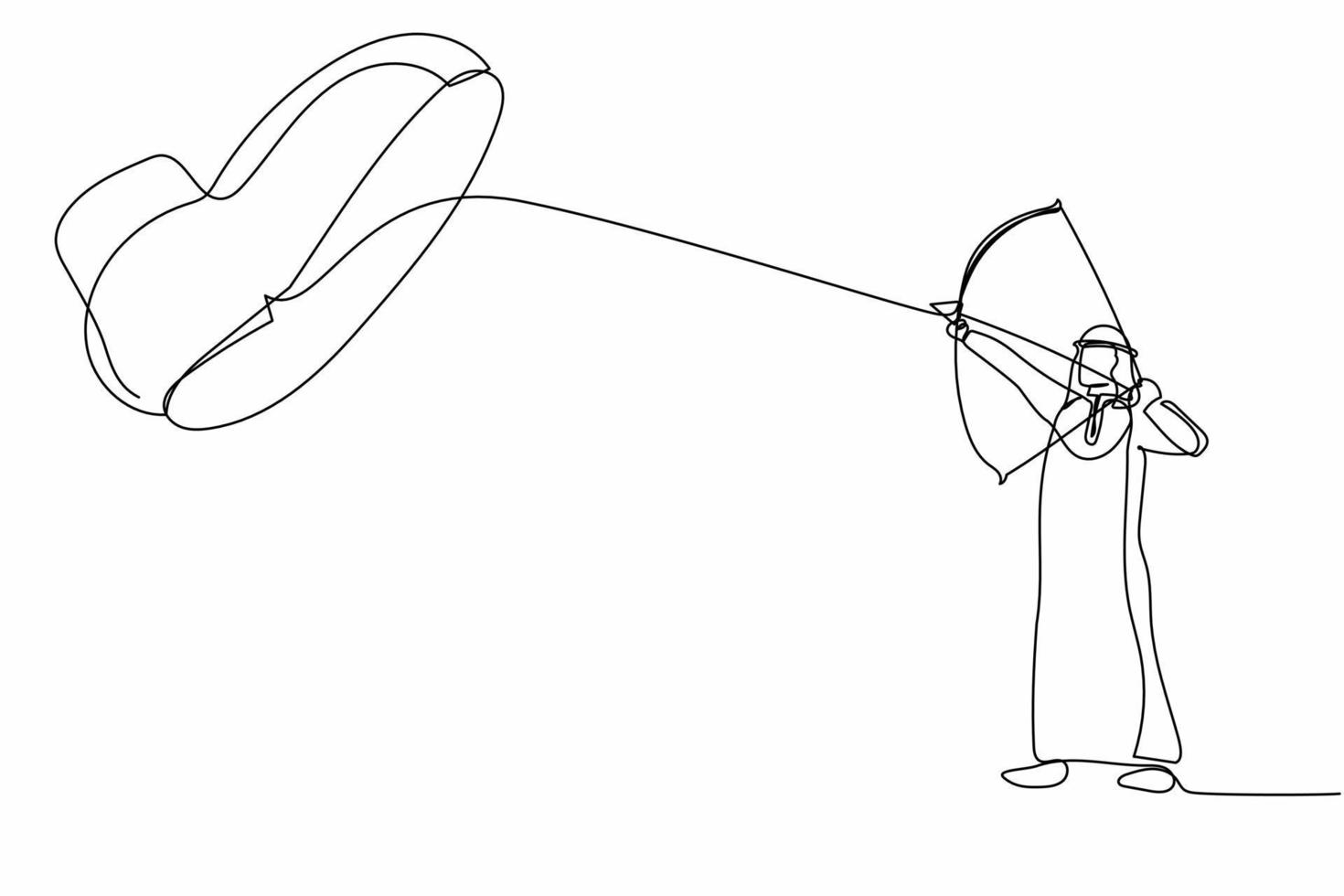 Single continuous line drawing active Arab businessman aiming bow against giant shoes stomping. Worker archering against giant foot step. Minimalism metaphor. One line draw design vector illustration