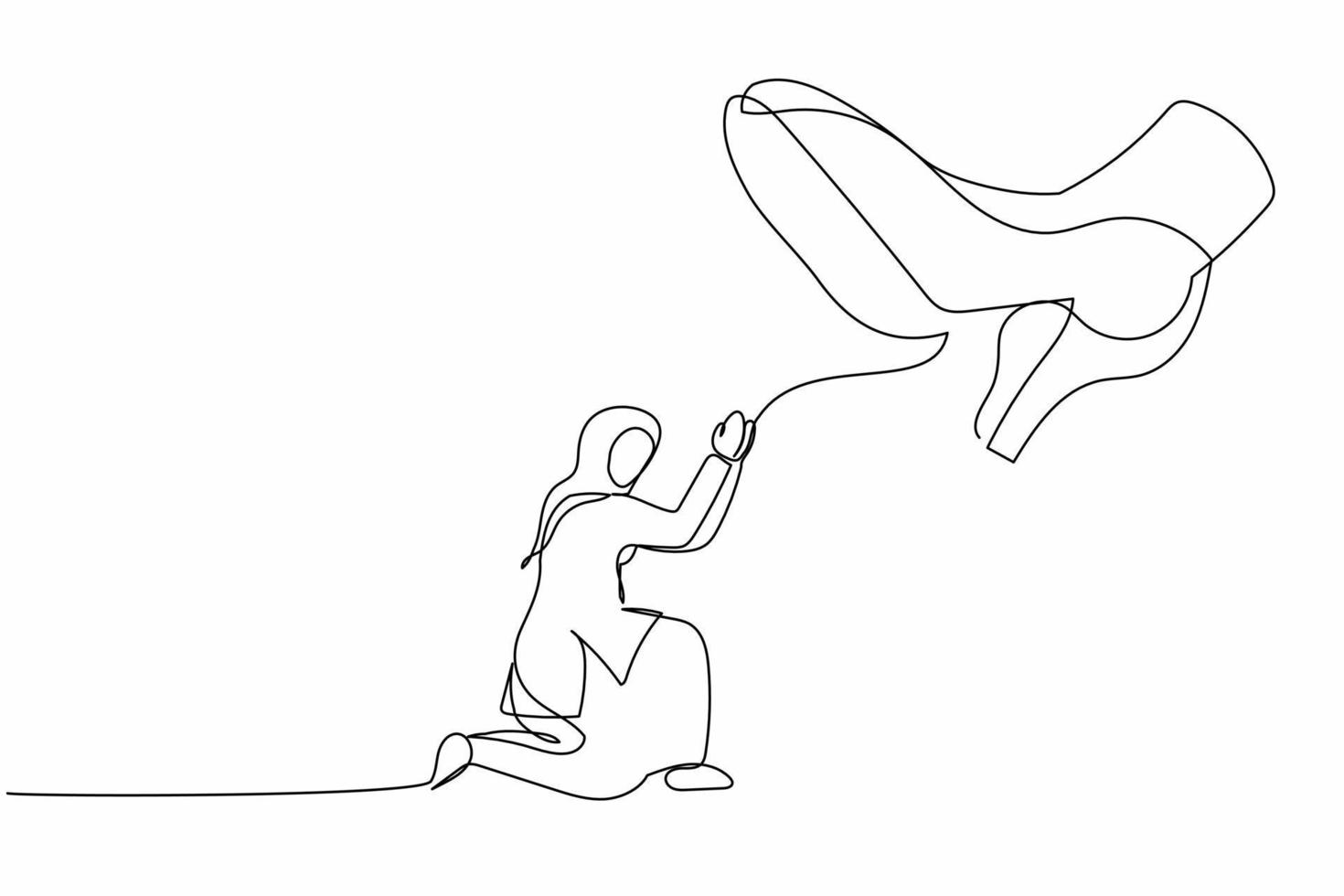 Single one line drawing young Arab businesswoman kneel down under giant feet. Concept for authority, exploitation, dictator figure. Minimal metaphor. Continuous line design graphic vector illustration