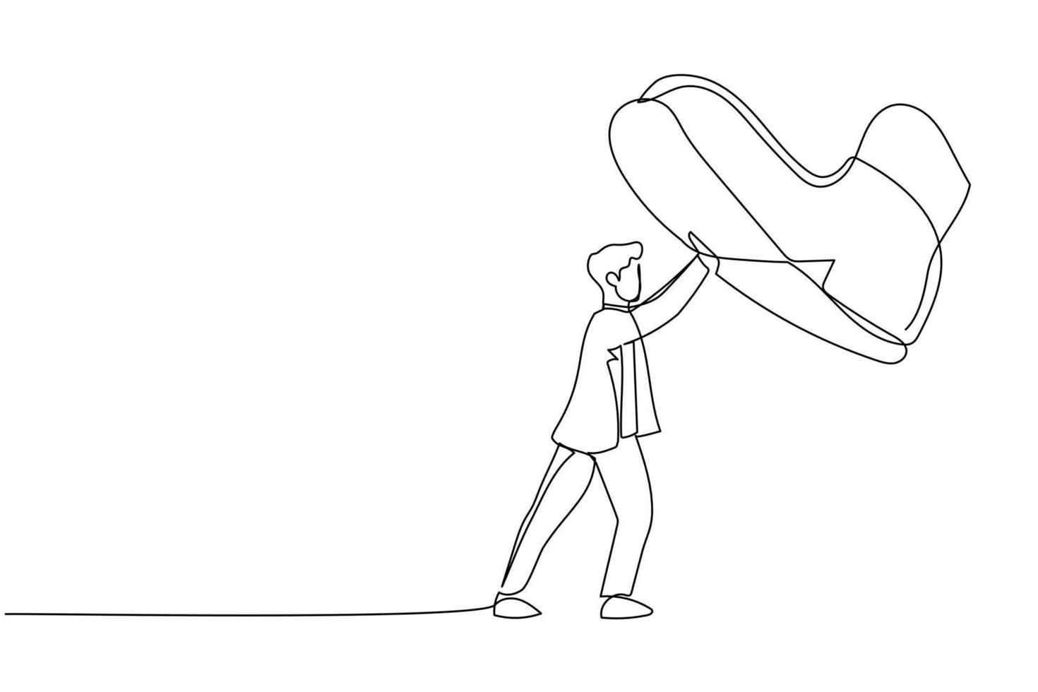 Single one line drawing young businessman against giant shoes stomping. Male manager push against giant foot step. Minimal metaphor concept. Modern continuous line design graphic vector illustration