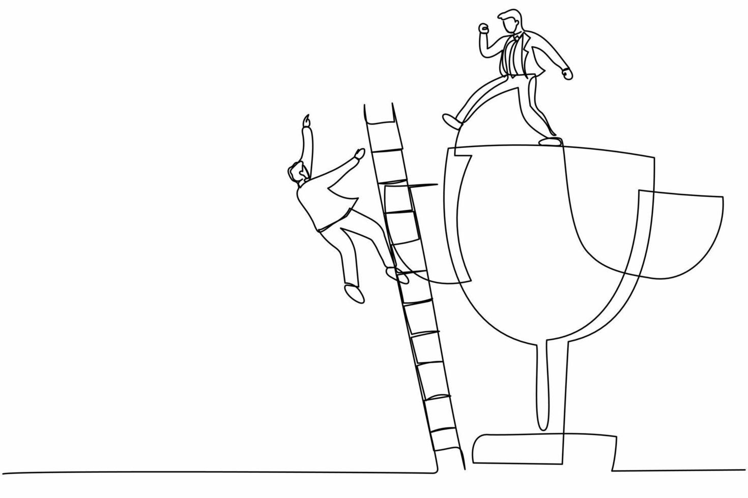 Single continuous line drawing active businessman kicking to make his rival falling down from the top ladder trophy of success. Minimalism metaphor. One line draw graphic design vector illustration