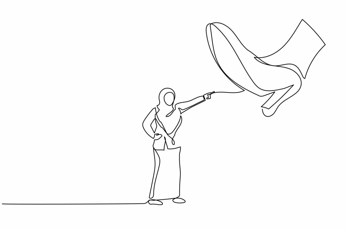 Single one line drawing Arab businesswoman facing against giant shoes stomping. Office worker pointing against giant foot step. Minimalism metaphor. Continuous line design graphic vector illustration
