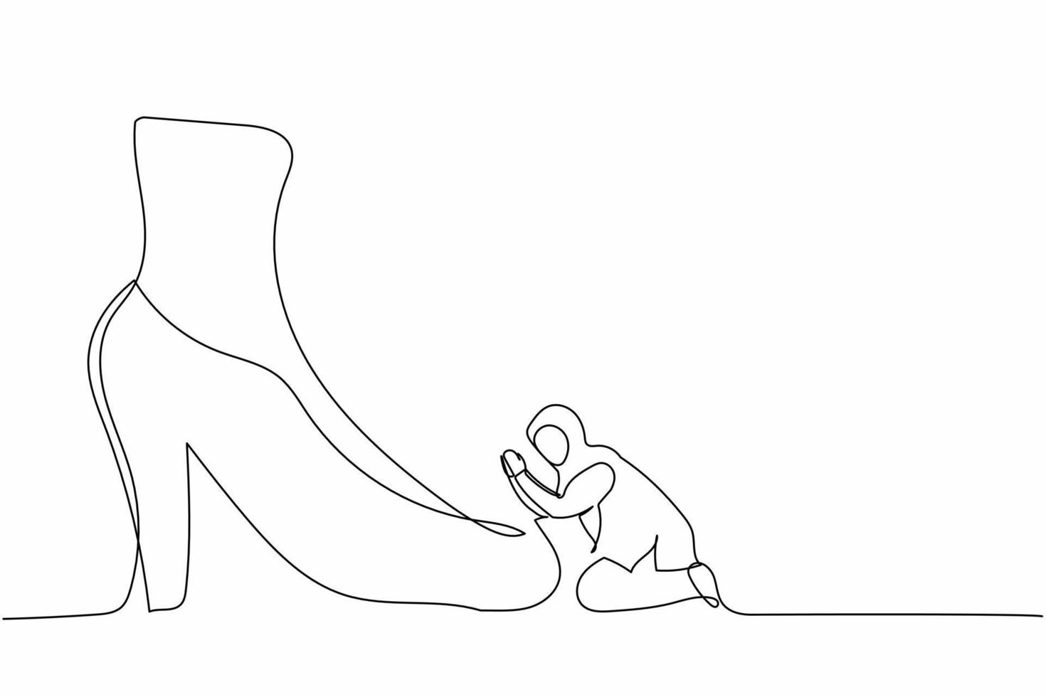 Single continuous line drawing active Arab businesswoman kneeling a giant foot or shoe. Female manager apologize to executive director. Minimalism metaphor. One line graphic design vector illustration