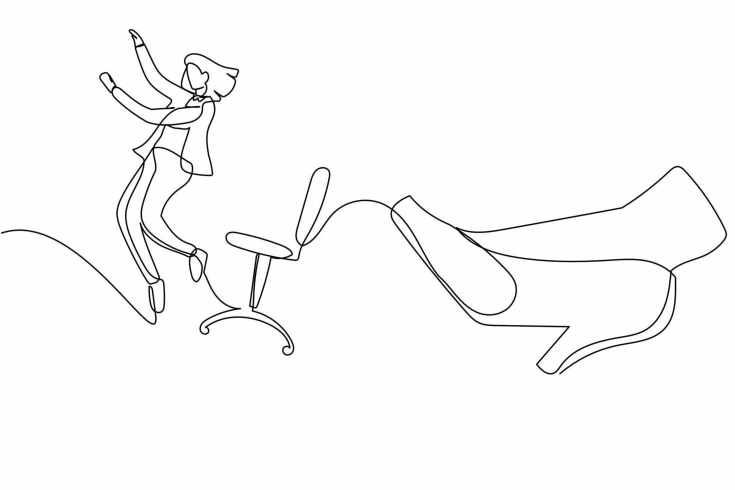 Single one line drawing young small businesswoman kicked out by big foot. Office worker kicked away from chair by giant feet. Minimal metaphor. Continuous line draw design graphic vector illustration