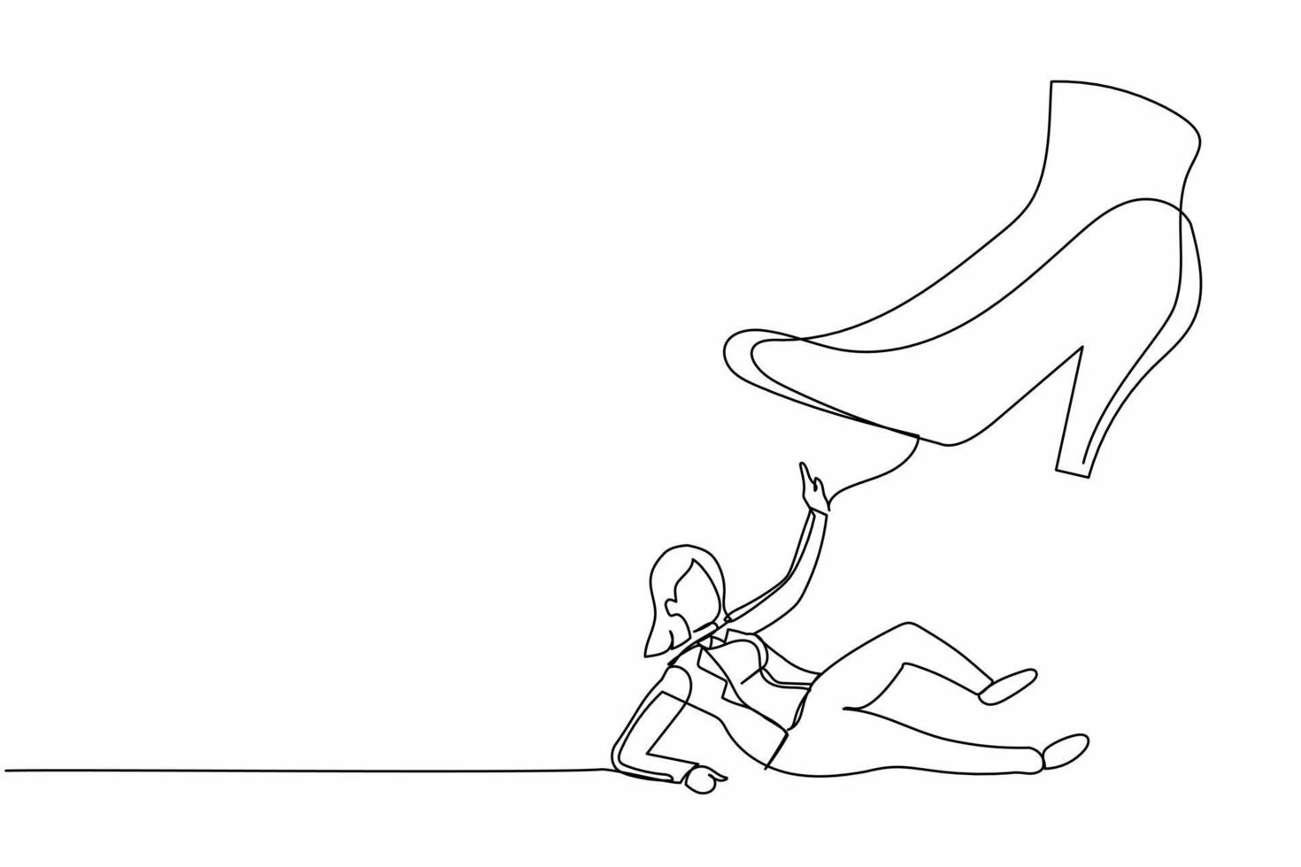 Single continuous line drawing small businesswoman under the giant foot. Big foot in the shoe is going to crush employee. Minimalism metaphor concept. One line draw graphic design vector illustration