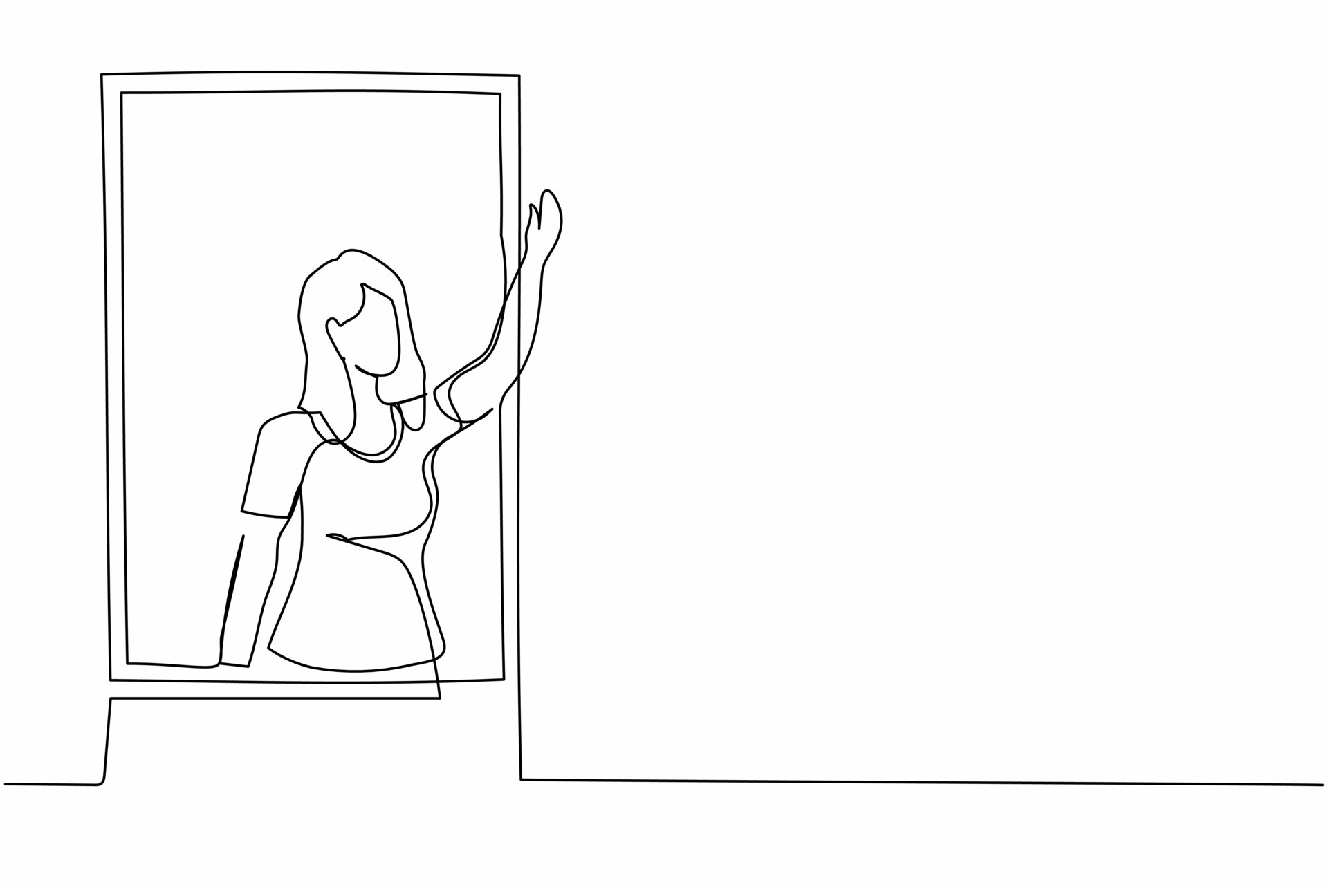 Single one line drawing young female waving at window as look like to