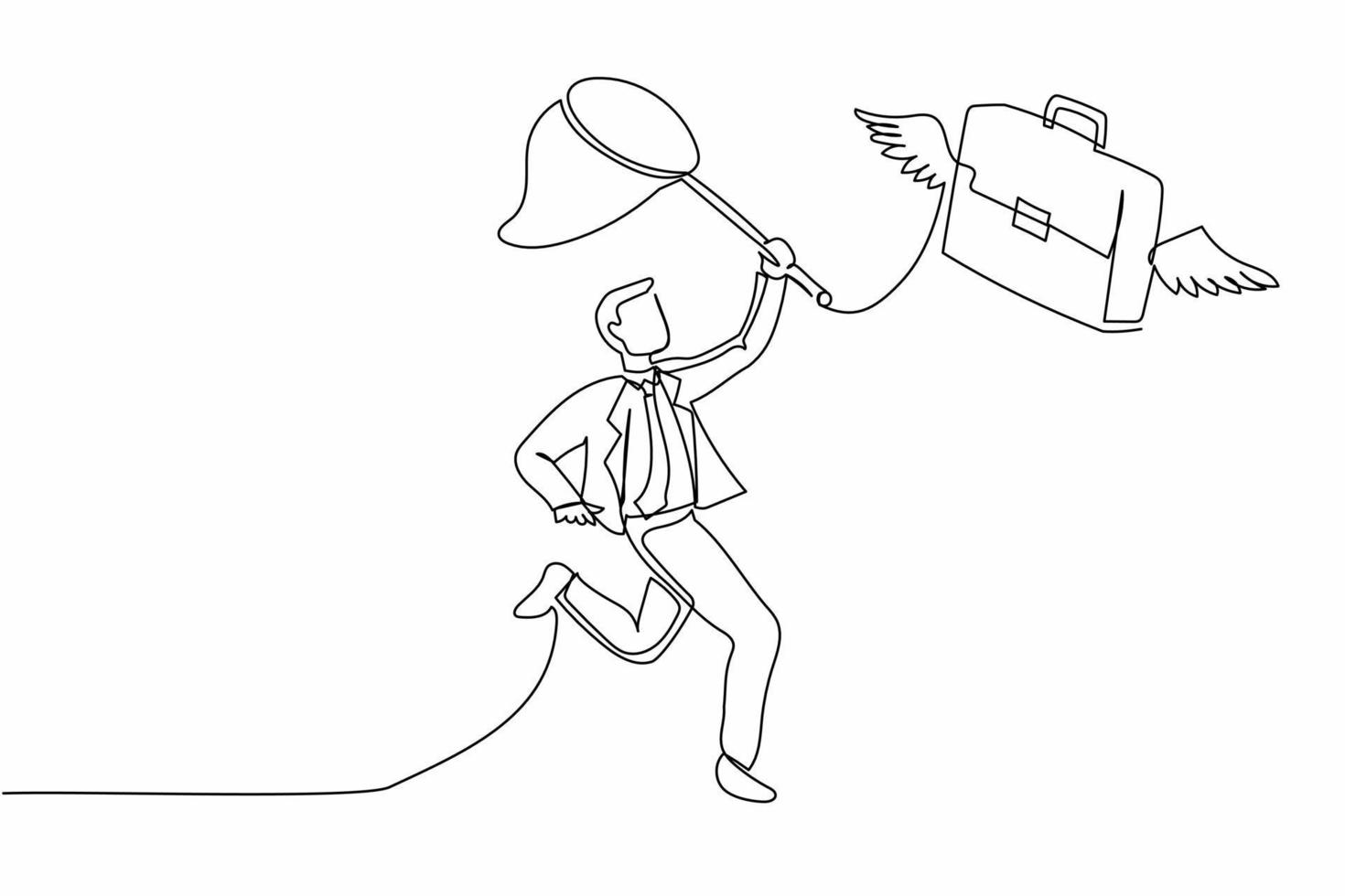 Continuous one line drawing businessman try to catching flying briefcase with butterfly net. High performance worker, active employee, rising star company. Single line draw design vector illustration