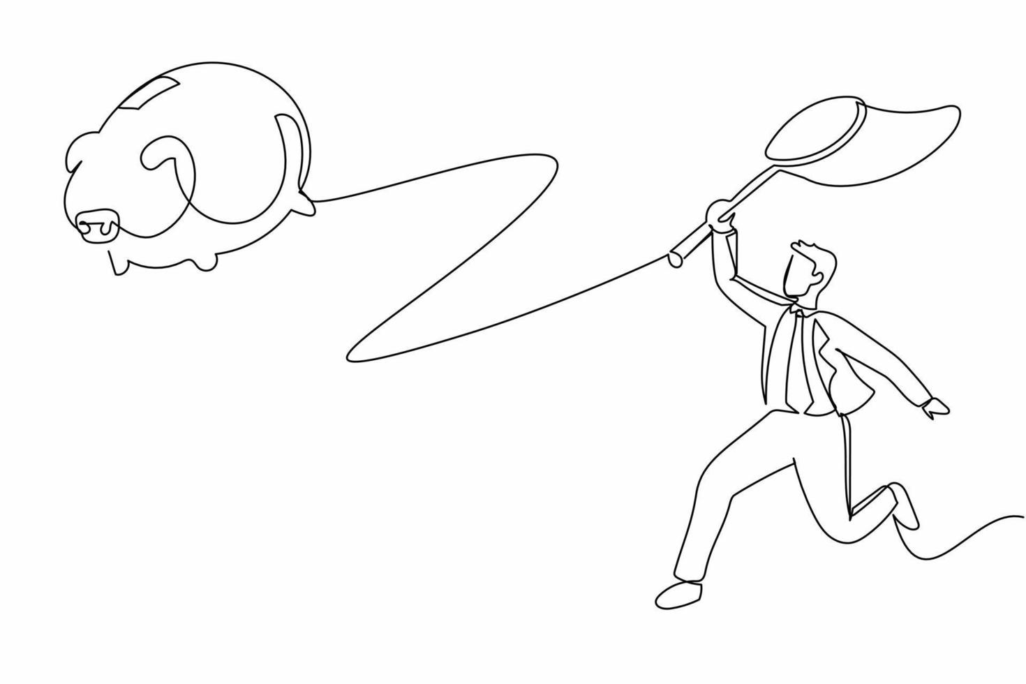 Continuous one line drawing businessman try to catching flying piggy bank with butterfly net. Money saving for investment. Financial management, budgeting. Single line draw design vector illustration