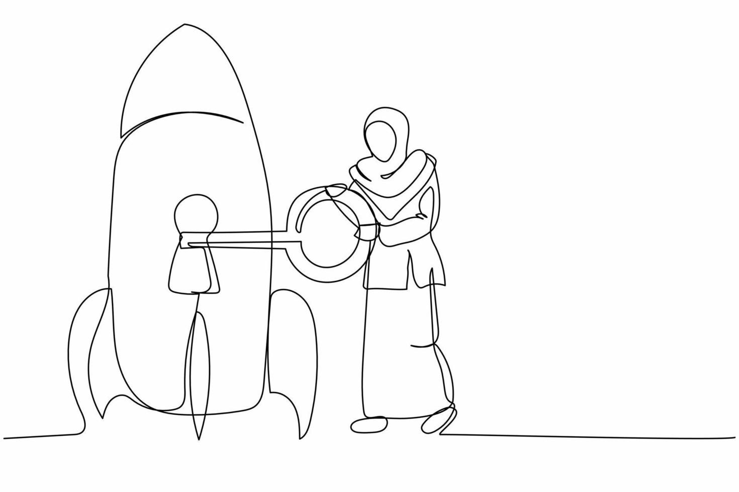 Single one line drawing Arab businesswoman put key into rocket. Unlock business plan project. Launching new startup business, innovation, improvement. Continuous line draw design vector illustration