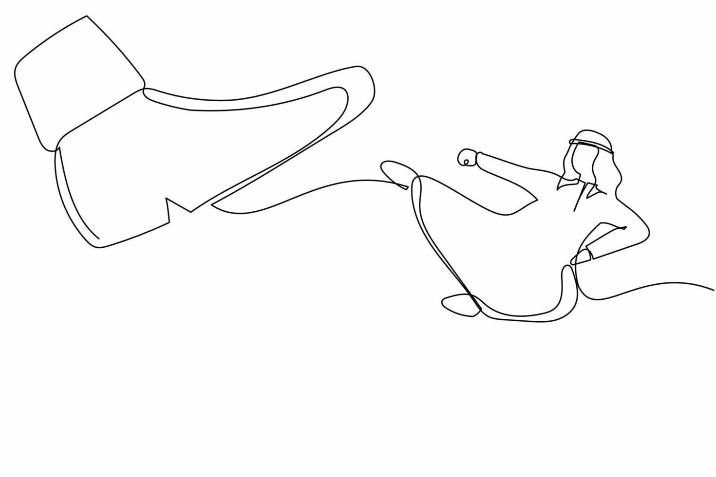 Single continuous line drawing young Arab businessman kick giant foot stomp. Executive director doing flying kick to big boot. Minimalism metaphor concept. One line graphic design vector illustration