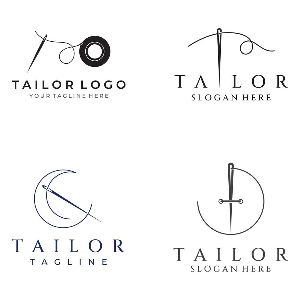 logotipo de silueta a medida con marcas de aguja, hilo, benik y máquina de coser. diseño de logotipos para sastres, moda, boutiques y otras empresas de ropa. con diseño de ilustración vectorial. vector