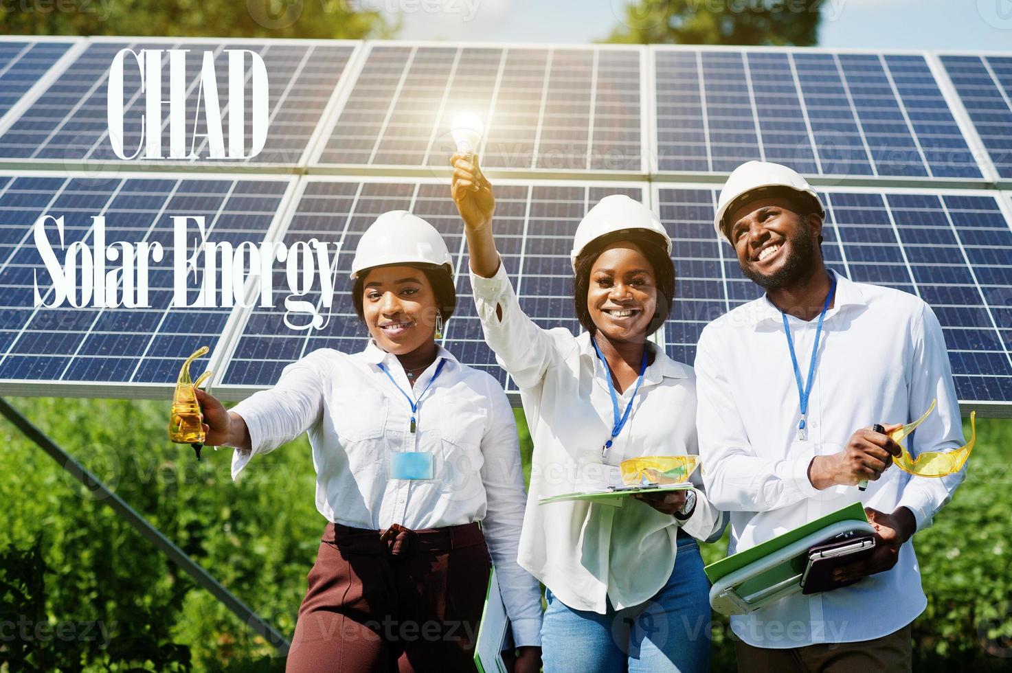 Chad solar energy. African engineers at panels station. photo