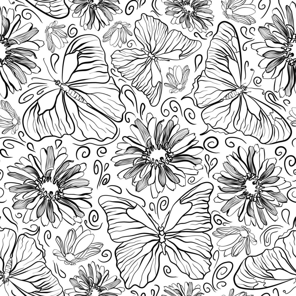 Seamless botanical pattern with butterflies and flowers in doodle technique vector