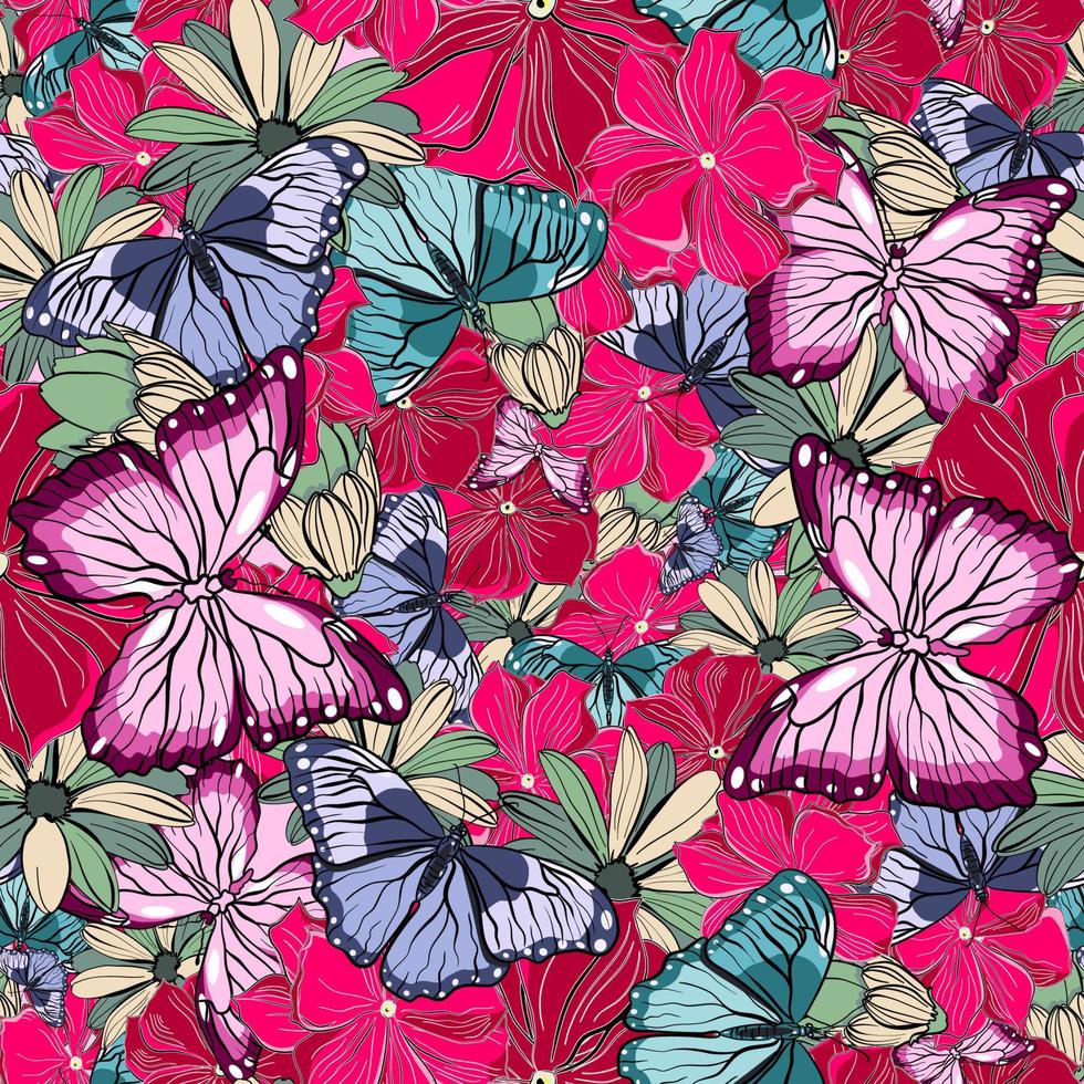 Seamless floral pattern with butterflies and flowers vector