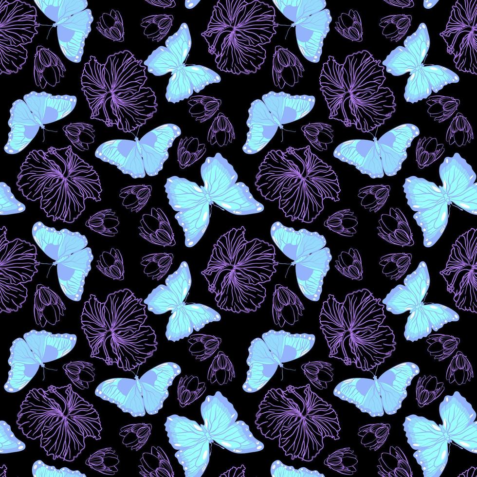 Seamless floral pattern with neon butterflies and hibiscus flowers vector